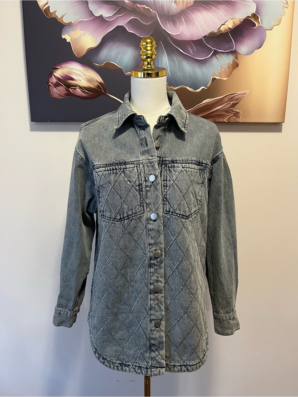 Blue B. Collection Rhinestone Embellished Quilted Blue Denim Shacket - S